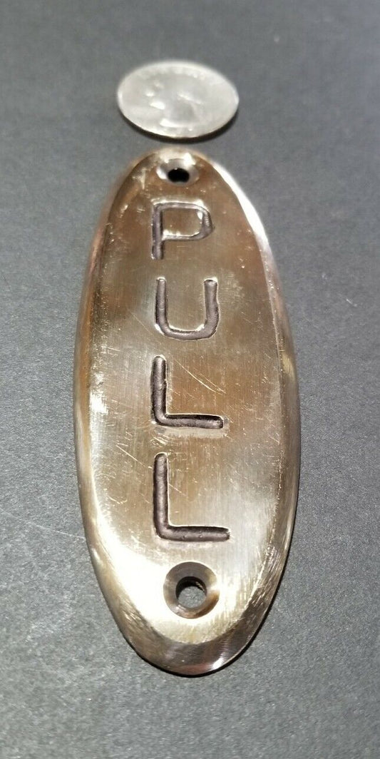 PULL Door or Bell sign Antique Original Art Deco POLISHED Solid Brass 4" #F13