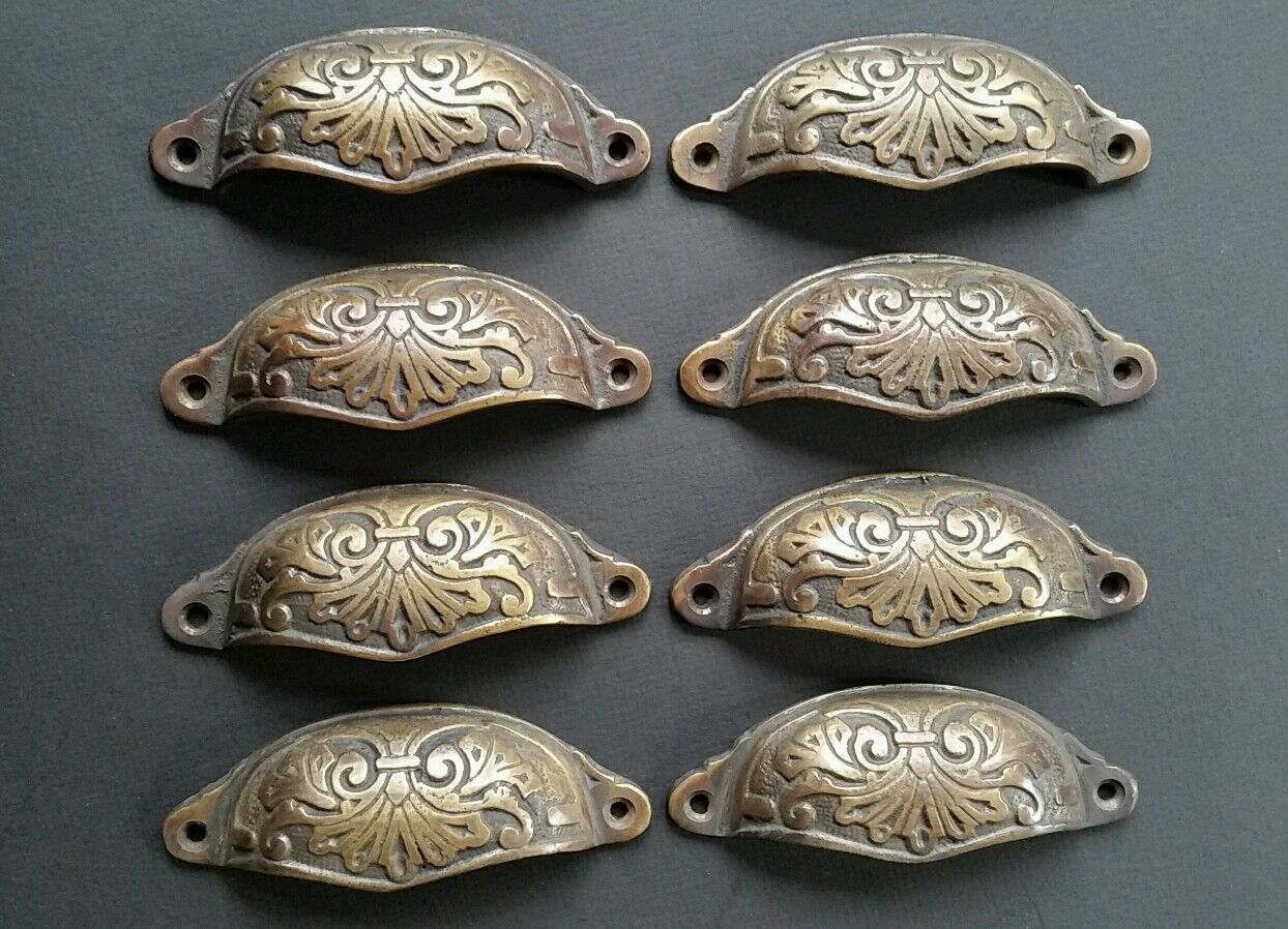 8 Apothecary Drawer Cup Bin Pull Handles 3-1/2"c. Antique Vict. Style Brass #A1