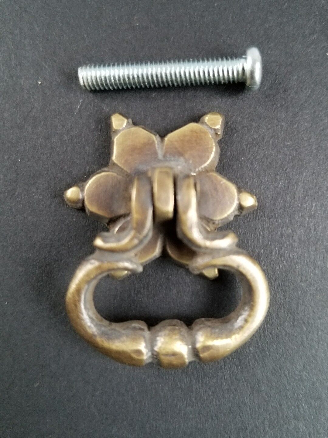 2 x Small Brass Handle Pulls, Ornate Drop Ring,  Rosette Backplate 1-1/4" #H14