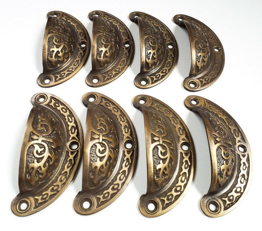 8 x Antique vtg. Style Victorian Brass Apothecary Bin Pulls Handles 3" cntr. #A5