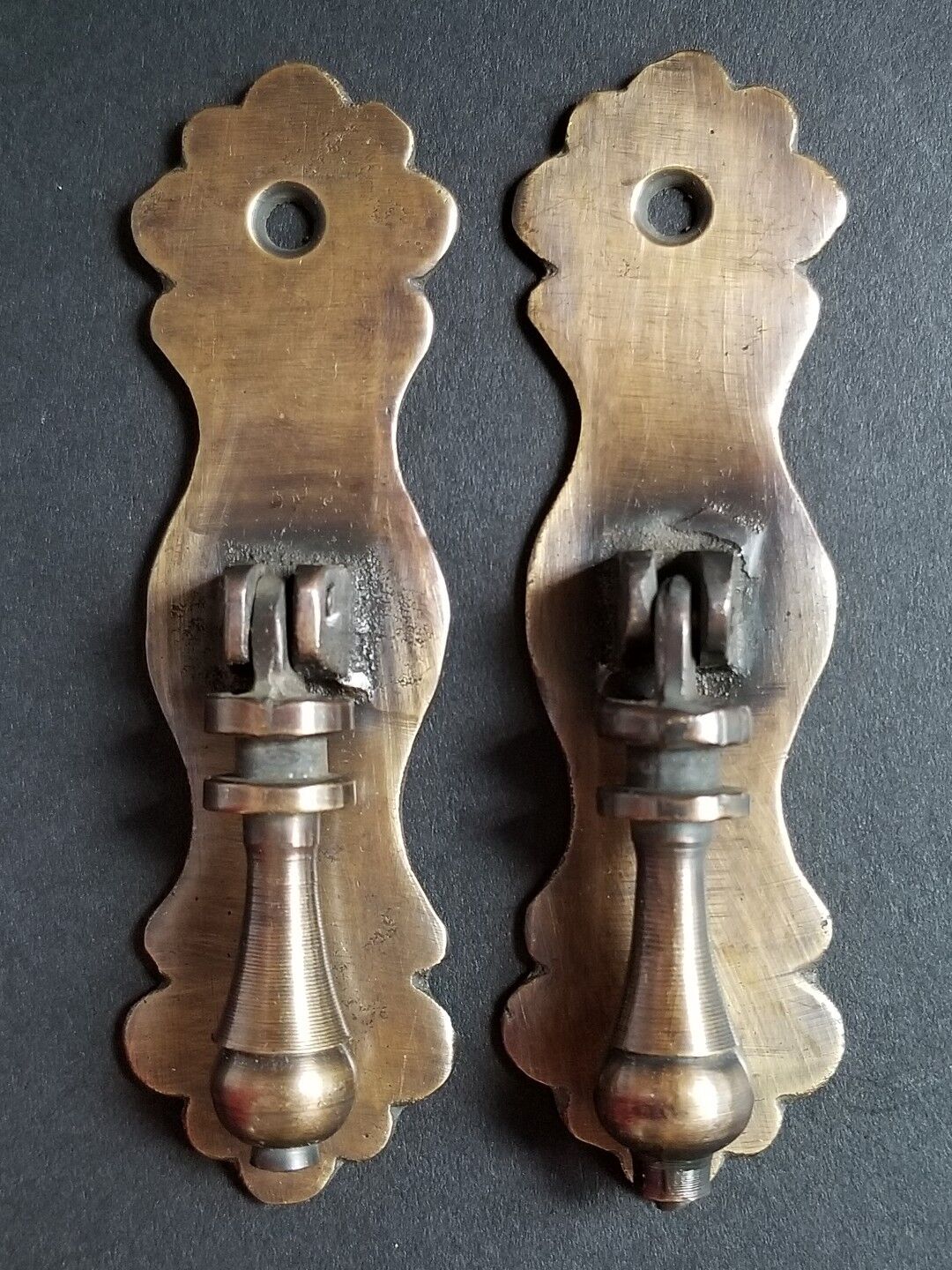 2  Ornate teardrop pendant Brass Handles drawer pulls scalloped back 3 3/4" #H41