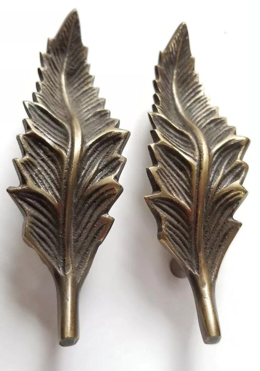 2 brass detailed Organic Leaf Shape cabinet drawer pull handles 4 1/8" #P7