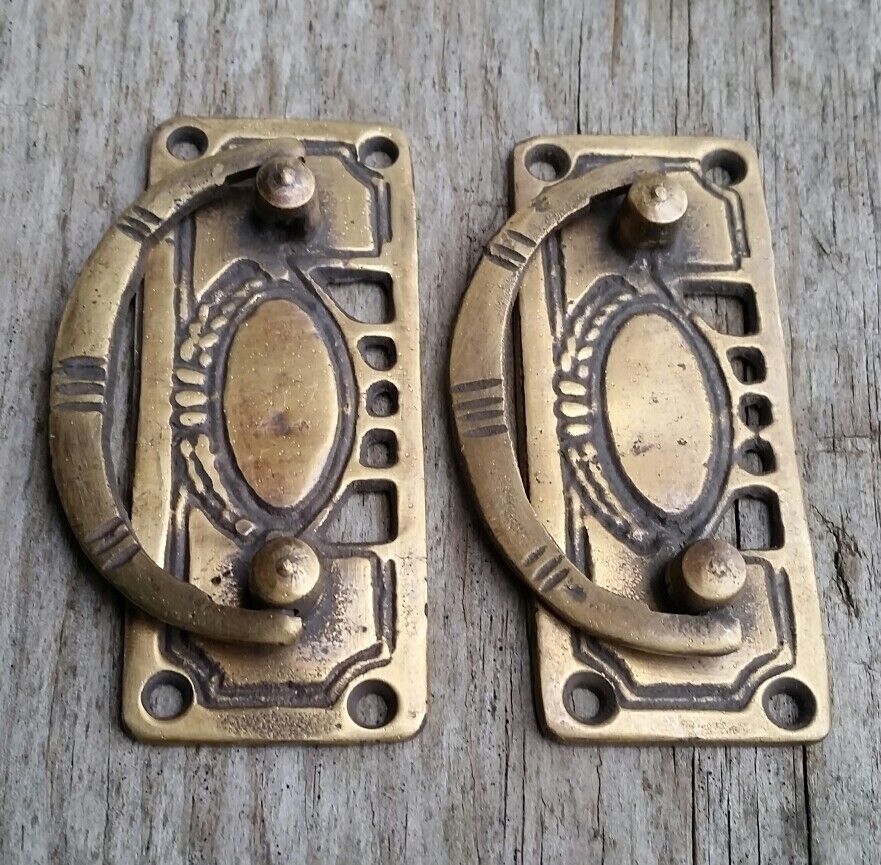 2 Arts and Crafts Antique-Style Brass Handles Pulls Hardware  3 1/8"w #H33