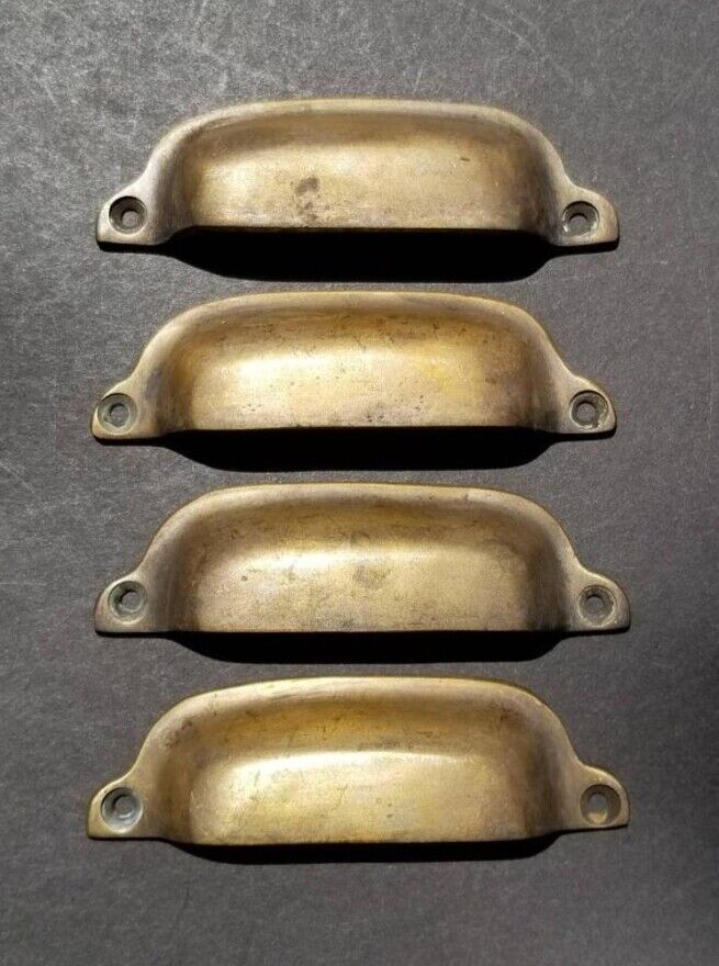 4 Antique Vintage Style Brass File Cabinet, Bin Pull Cup Handles 3-3/8" ctr #A19