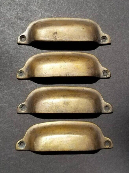 4 Antique Vintage Style Brass File Cabinet, Bin Pull Cup Handles 3-3/8" ctr #A19