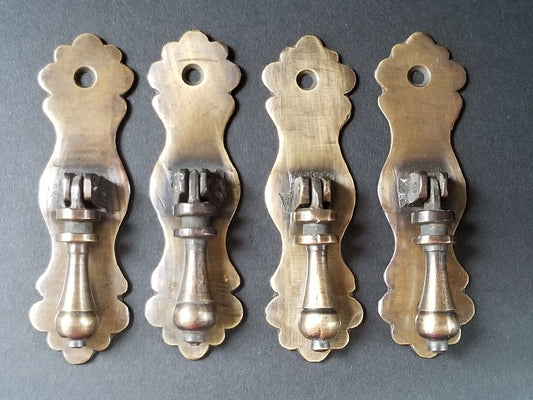 4 Ornate teardrop pendant Brass Handles drawer pulls scalloped back 3 3/4" #H41