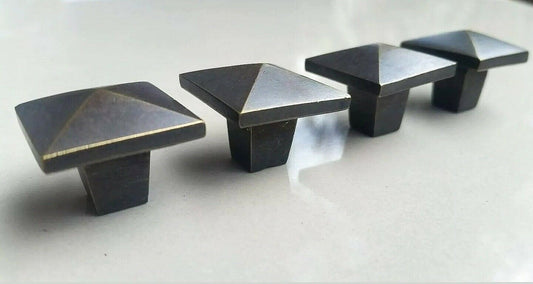 4 peaked square Arts and Crafts Mission knobs pulls 7/8" solid tarnish brass #K7
