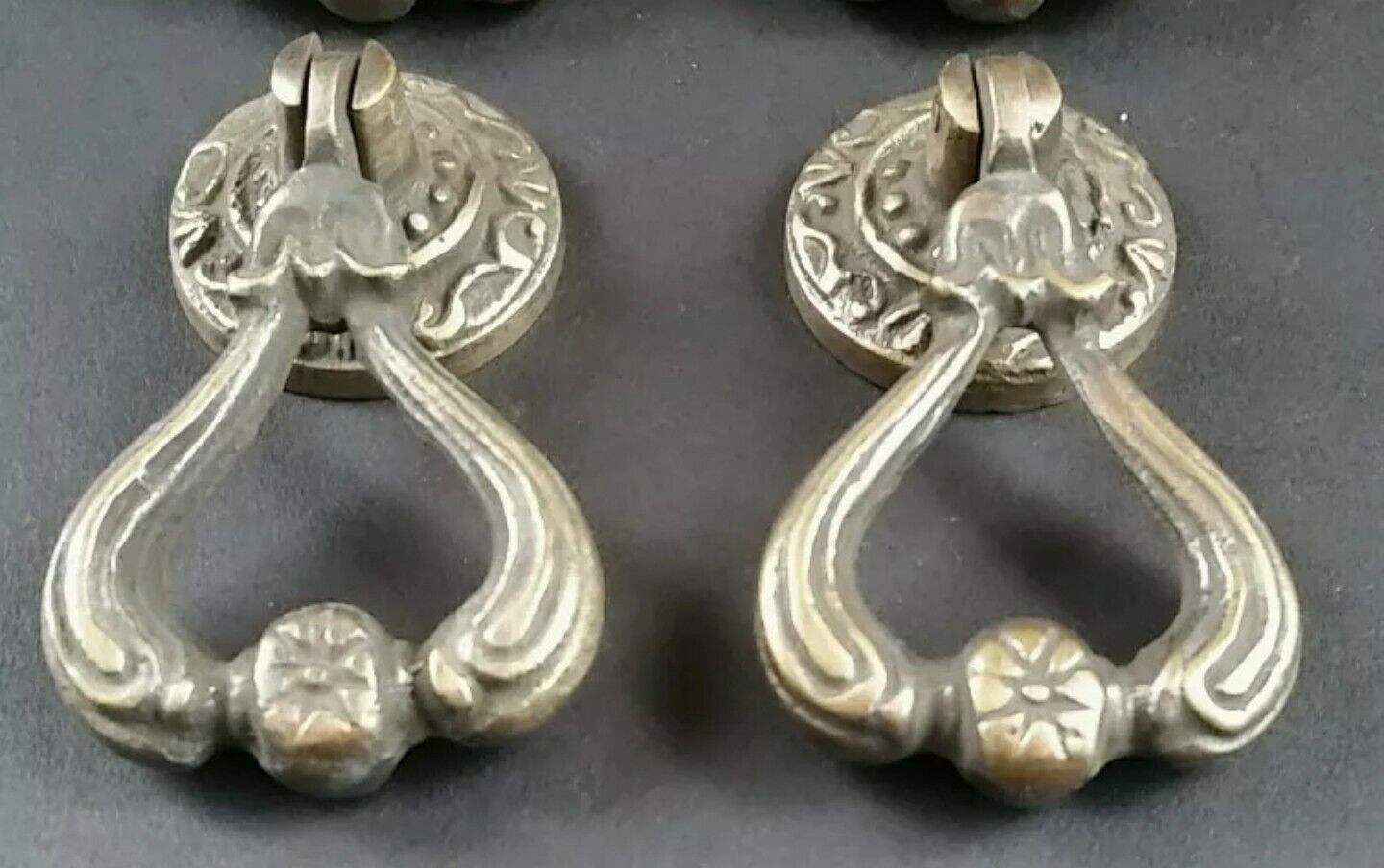 2 Ornate Brass Antique Style Handles Pulls Knob w Detailed Drop Ring 2-1/4" #H11
