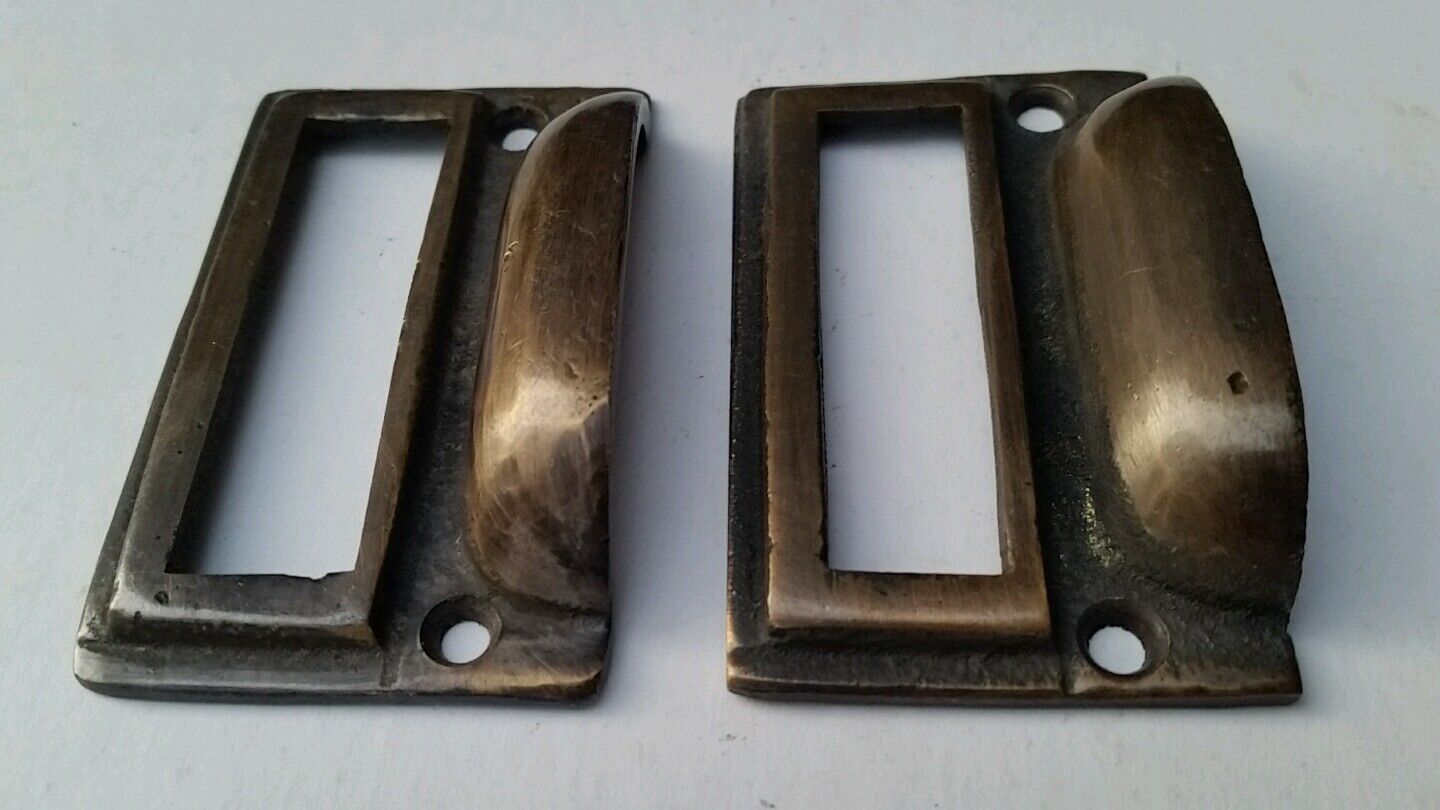 2 tarnished brass File Apothecary drawer pull Handles 2-3/4"w. Label holders #F1