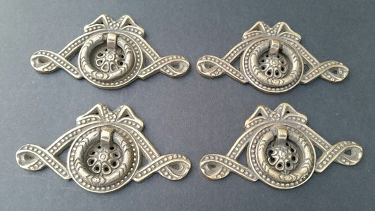 4 Antique Brass Vintage Ornate Ribbon and Bow Brass Handles Pulls 3 5/16" #H22