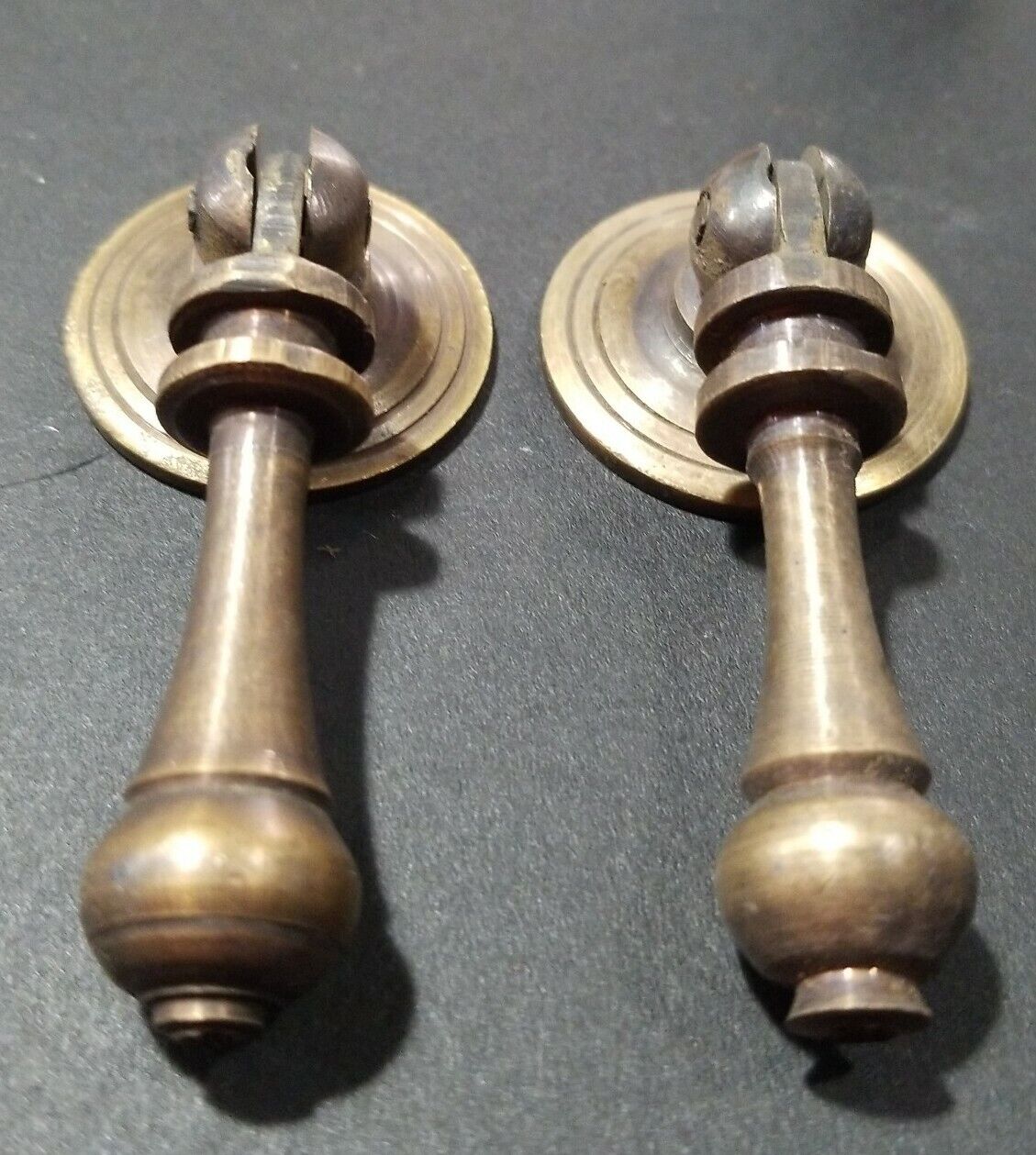 2 NICE ornate tear drop pendant brass handle pulls w. strong bolts 2-3/4"l. #H3