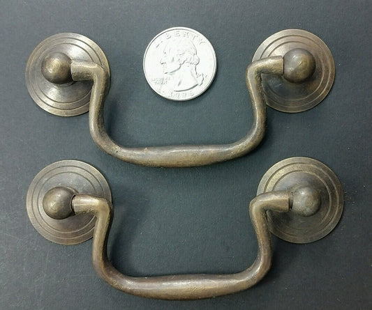2 Antique Brass Swan Neck Bails Cabinet Drawer Pull handles approx. 3" cntr #H39