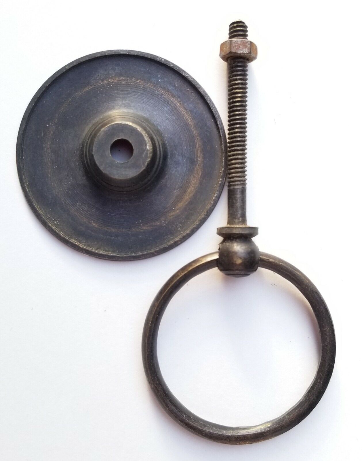 2 Rustic Antique Large Brass Round Rng Pull Handles 2-3/8" backplate ,bolts #Q9