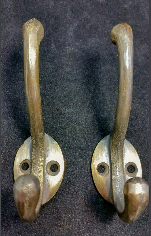 2 Solid Antique Brass Double Coat Hooks w. Oval Backplate 3" x 2" #C9