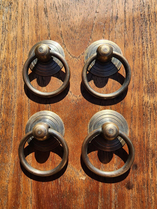 4 Rustic Antique Style Brass Round Ring Pull Handles 1" round backplate #H17