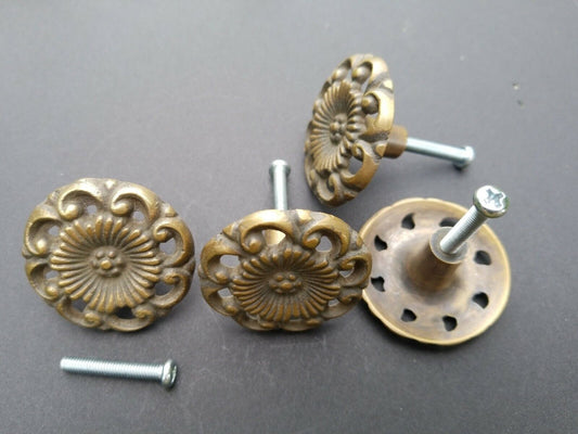 4 Antique Style Solid Brass ROUND KNOBS Ornate FLORAL 1-5/8" dia. #K24