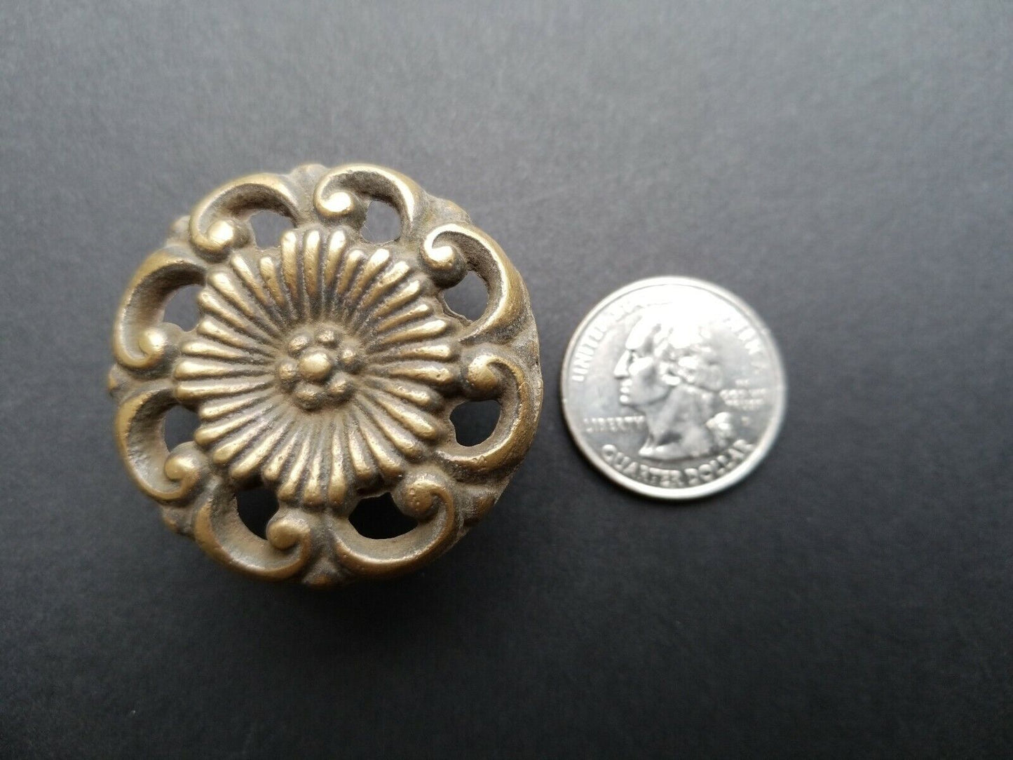 2 Antique Style  Solid Brass  ROUND KNOBS Ornate FLORAL 1-5/8" dia. #K24
