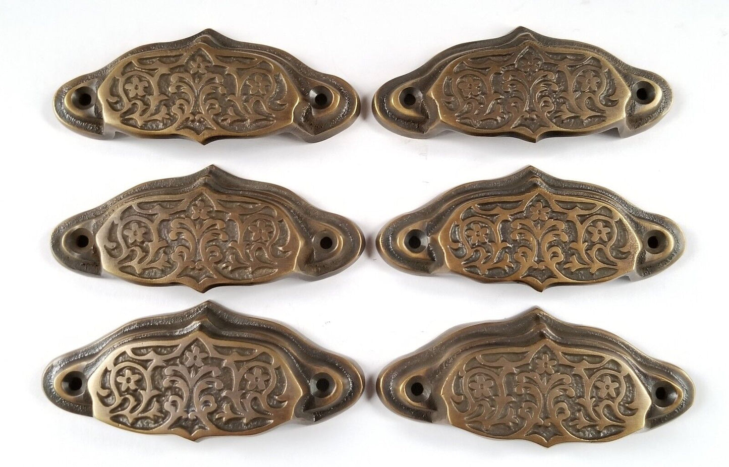 6 Ornate Apothecary cabinet drawer bin cup pull Handles Vntg. Style 3 1/2"w  #A4