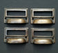 4 tarnished brass File Apothecary drawer pull Handles 2 3/4"w. Label holders #F1