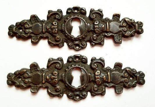 2 Antique Brass Keyhole French Escutcheons Hardware Ornate  Keyhole 4-1/4" #E8