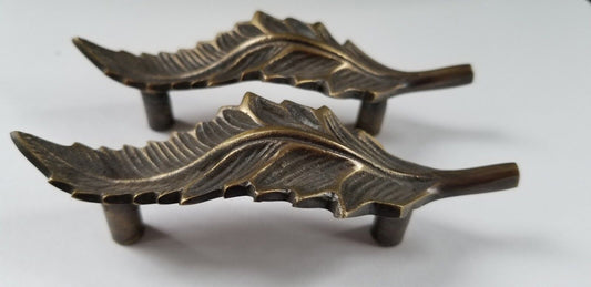 2 brass detailed Organic Leaf Shape cabinet drawer pull handles 4 1/8" #P7
