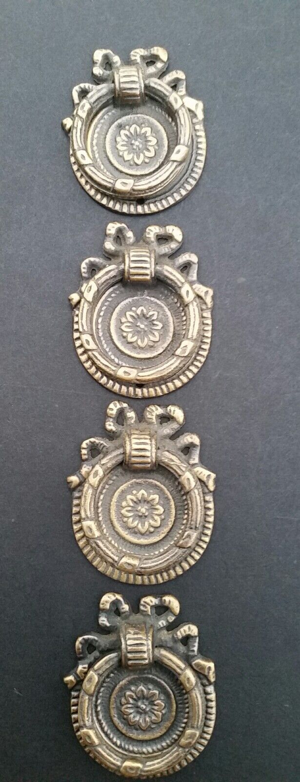 4 ornate round ring pull handles with detailed ribbon backplate 1 5/8" #H23