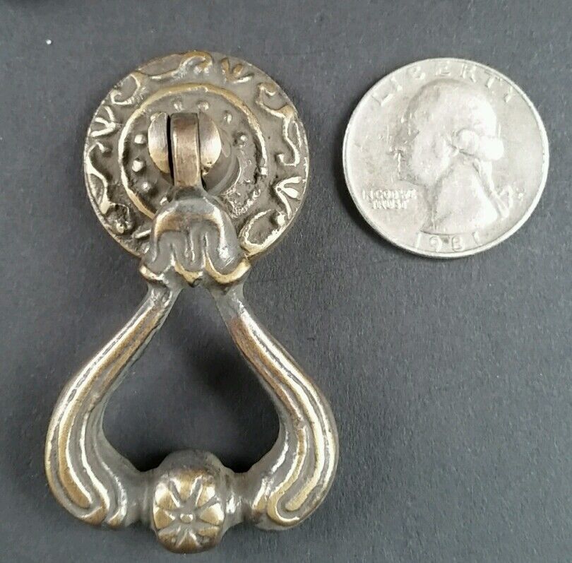 2 Ornate Brass Antique Style Handles Pulls Knob w Detailed Drop Ring 2-1/4" #H11