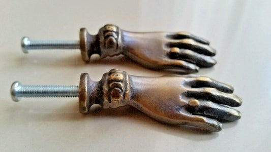 Set 2 BRASS ANTIQUE Vtg LADIES dainty HANDS Cabinet Drawer Knob Pull 2" #K12