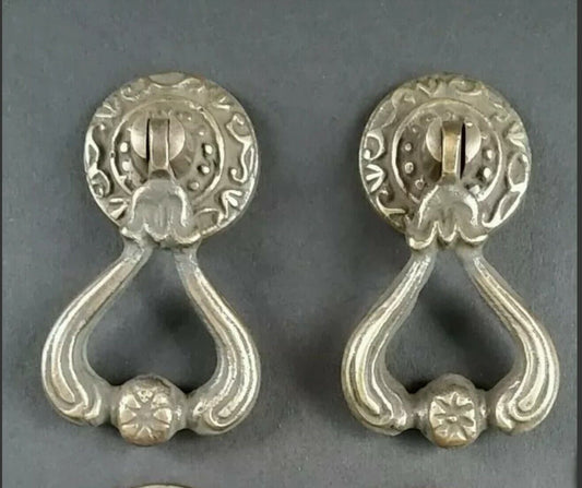 2 Ornate Brass Antique Style Handles Pulls Knob w Detailed Drop Ring 2-1/4" #H11