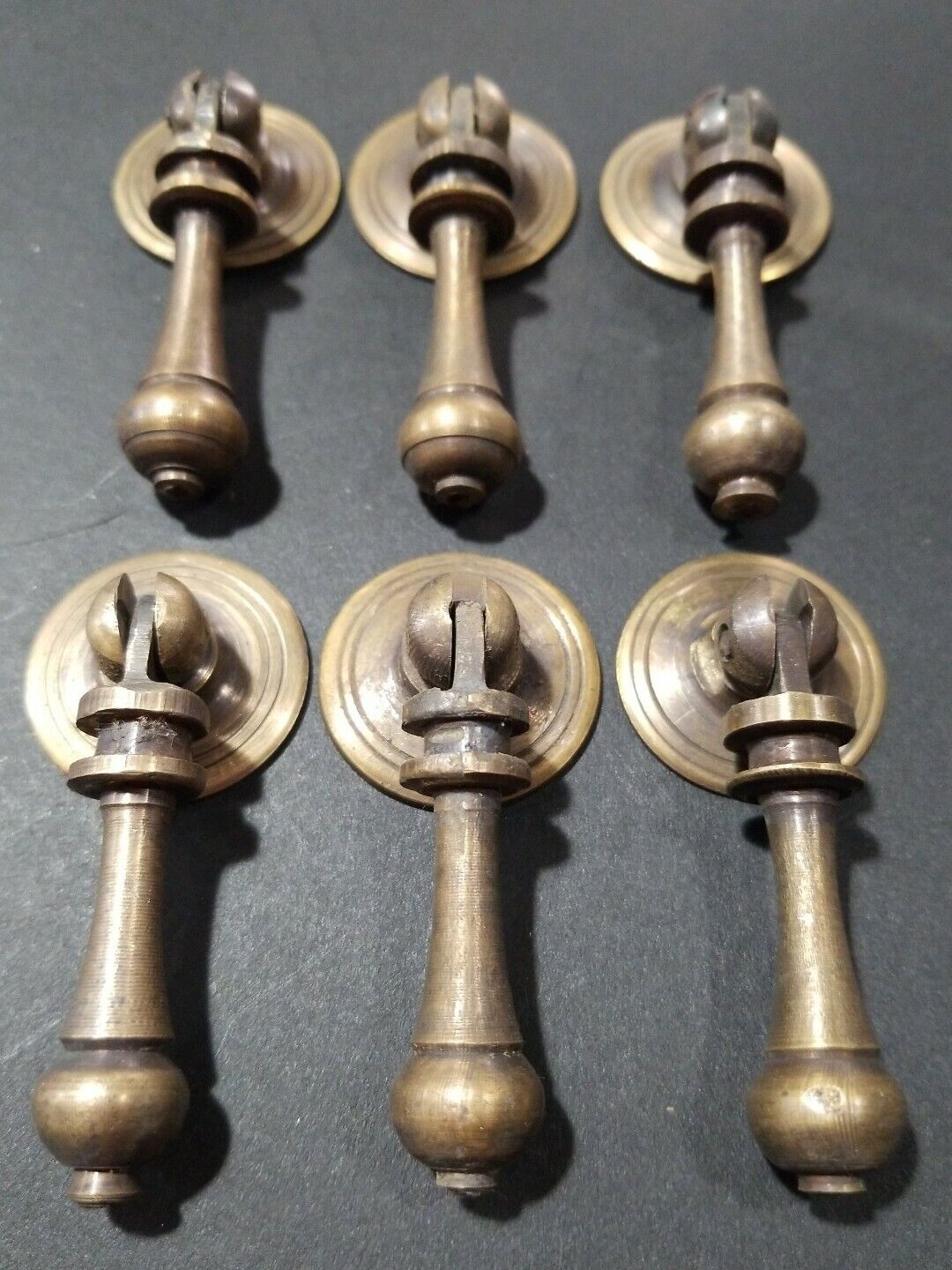 6 ornate tear drop pendant brass handles pulls, knobs w.strong bolts  2 3/4" #H3