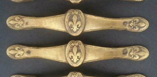2 Ant. Vtg. Style French Fleur de Lis solid brass handles, pulls, 5 5/8" w # P3