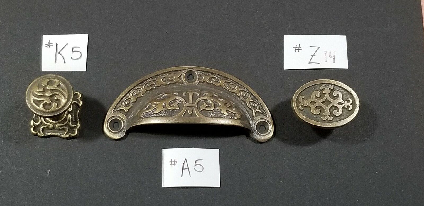 8 x Antique vtg. Style Victorian Brass Apothecary Bin Pulls Handles 3" cntr. #A5