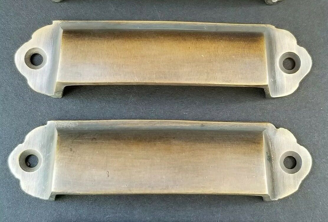 2 Antique Vintage Style Brass File Cabinet, Bin Pull Cup Handles 3-1/8" ctr #A18