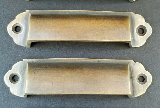 2 Antique Vintage Style Brass File Cabinet, Bin Pull Cup Handles 3-1/8" ctr #A18