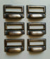 6 tarnished brass File Apothecary drawer pull Handles 2 3/4"w. Label holders #F1