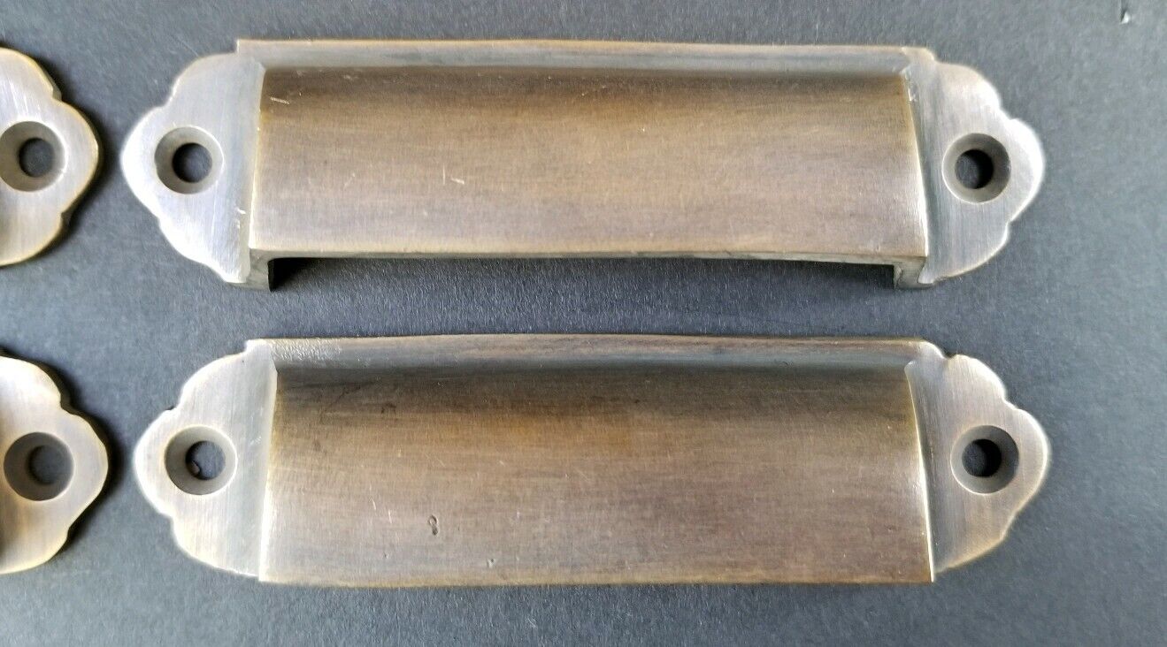 4 Antique Vintage Style Brass File Cabinet, Bin Pull Cup Handles 3-1/8" ctr #A18