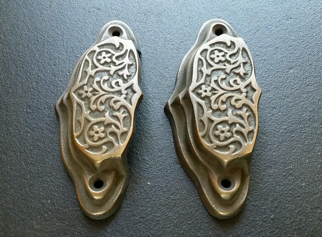 2 brass Ornate Apothecary cabinet drawer bin cup pull Handles 3 9/16" #A4