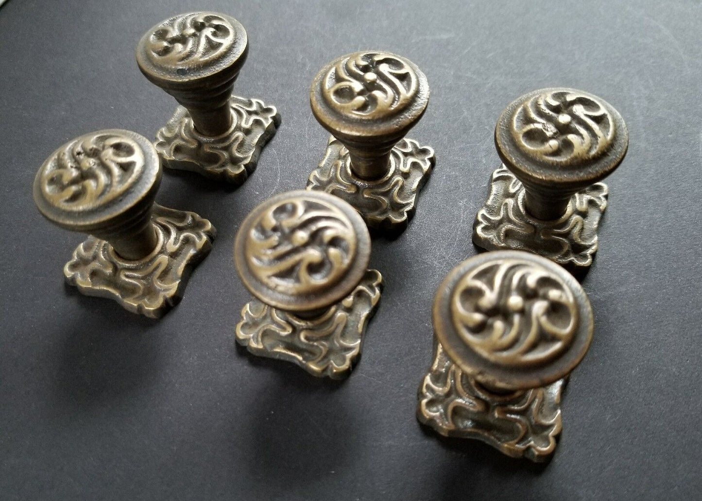 6 Ornate Art Nouveau Ornate Brass Knobs, Pulls hardware w. 1" back plate #K5