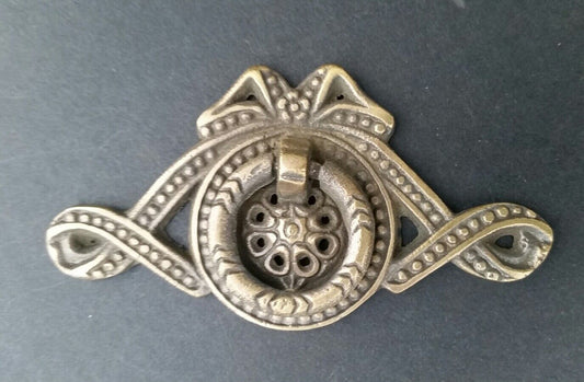 4 Antique Brass Vintage Ornate Ribbon and Bow Brass Handles Pulls 3 5/16" #H22