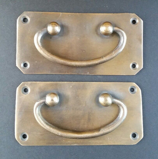 2 Antique Vintage Style Solid Brass Box Trunk Chest Door Handles 4 1/4"w. #P11