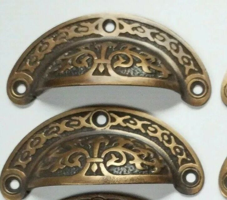 2 Antique vtg. Style Victorian Brass Apothecary Bin Pulls Handles 3" cntr  #A5