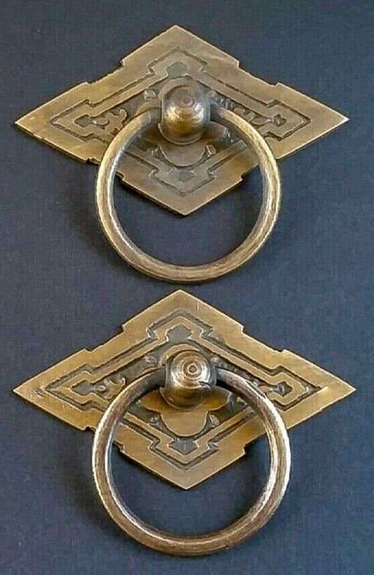 2 x Eastlake Antique Style Brass Ornate Ring Pulls Handles 2-3/8" wide #H15