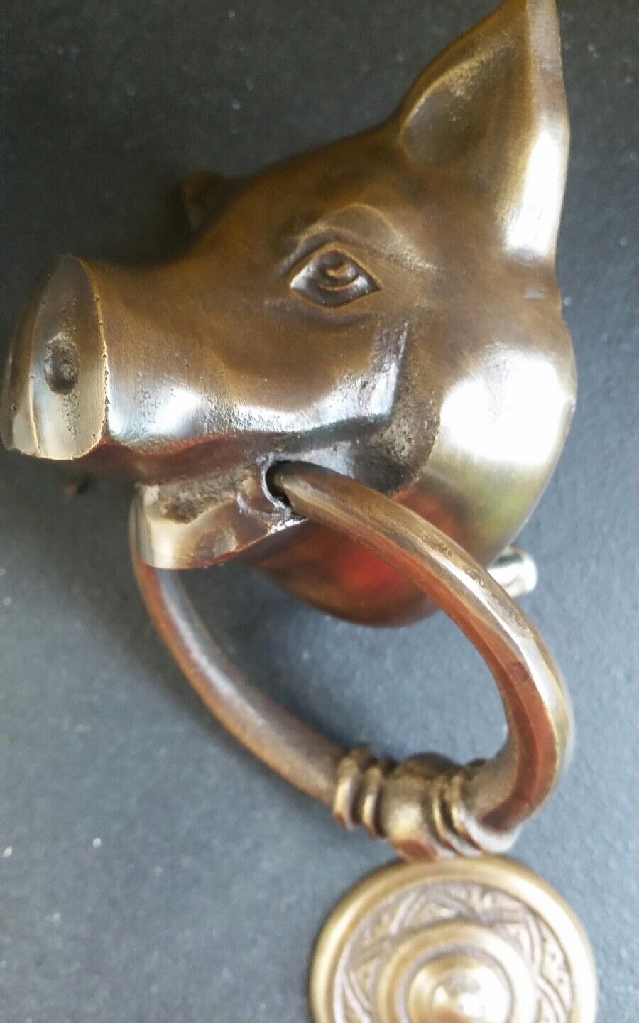 Unique PIG HEAD Door Knocker Solid Tarnished Brass 6" long #D4