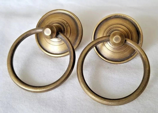 2 Rustic Antique Style Brass Round Ring Pull Handles 1-3/8" backplate #H45