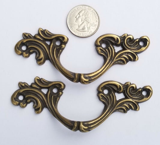 2 brass ornate French Prov. Louis XIV Handles Cabinet Drawer Pull 3-3/4"wide #P5