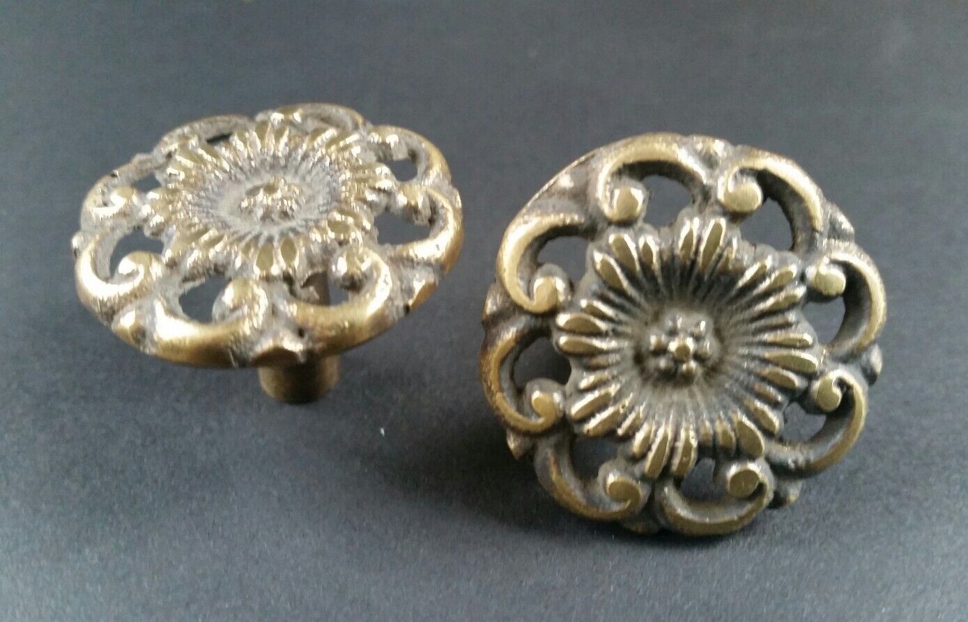 4 Antique Style  Solid Brass  ROUND KNOBS Ornate FLORAL 1-5/8" dia. #K24