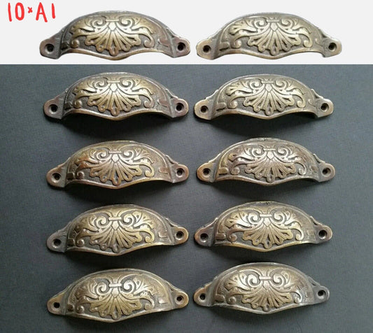 10 Apothecary Drawer Cup Bin Pull Handles 3-1/2"c. Antique Vict. Style Brass #A1