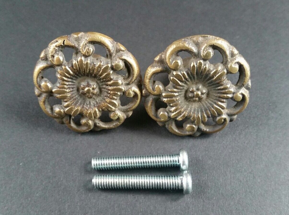 2 Antique Style  Solid Brass  ROUND KNOBS Ornate FLORAL 1-5/8" dia. #K24