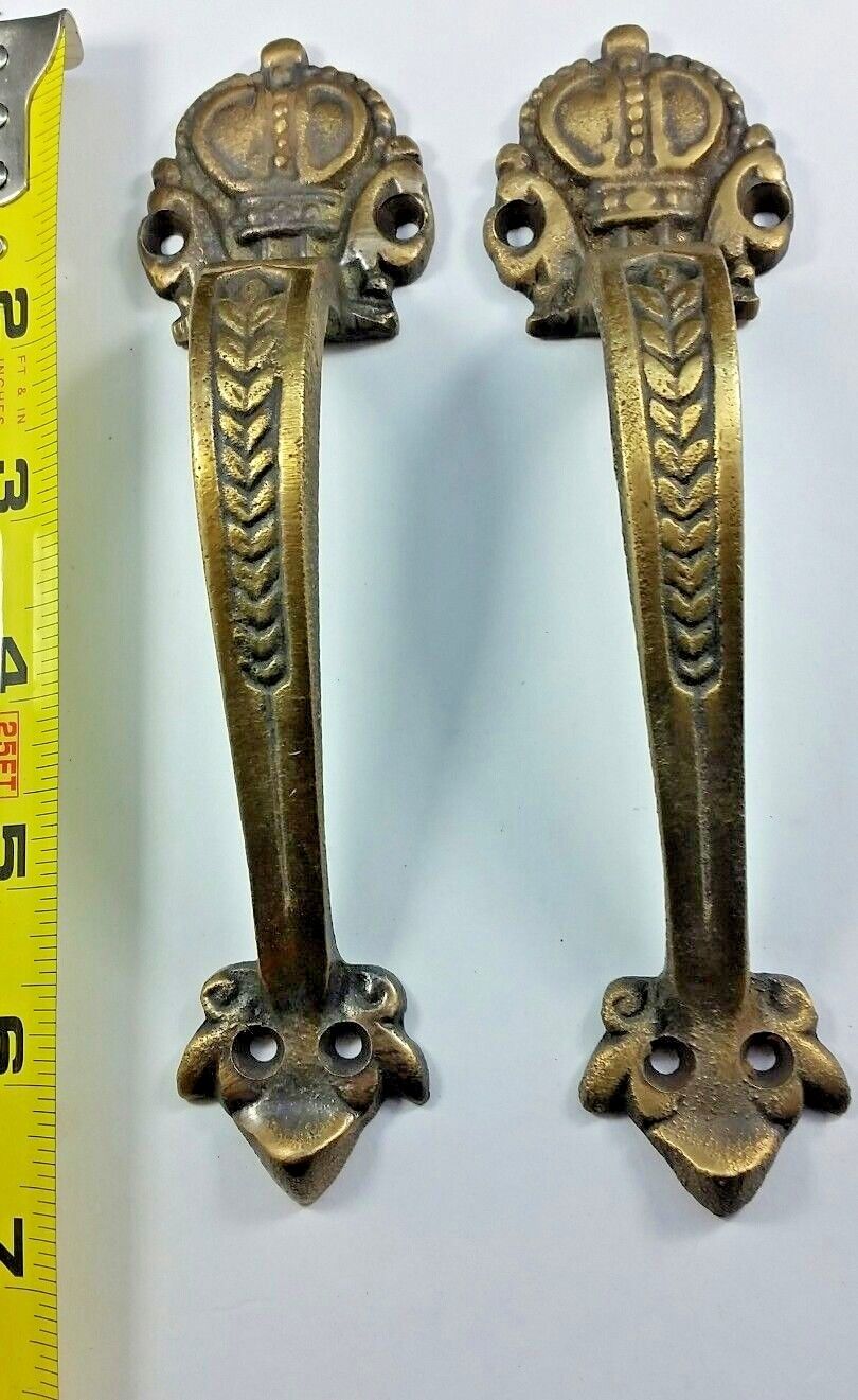 2 Solid Brass Crown Handles 6-3/4" Pulls Door Cabinet Ant. Style Barn Gate #P10