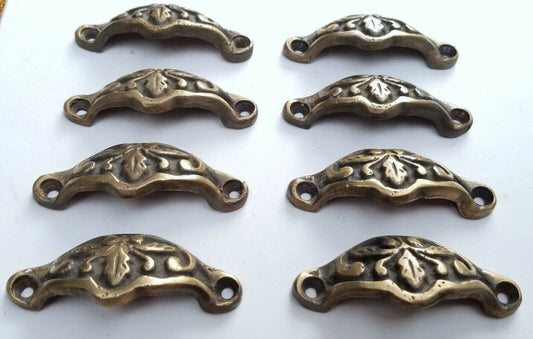8 Vict. Antique Style Apothecary Cabinet Pull Handles 2-3/8"c Brass Oak Leaf #A3